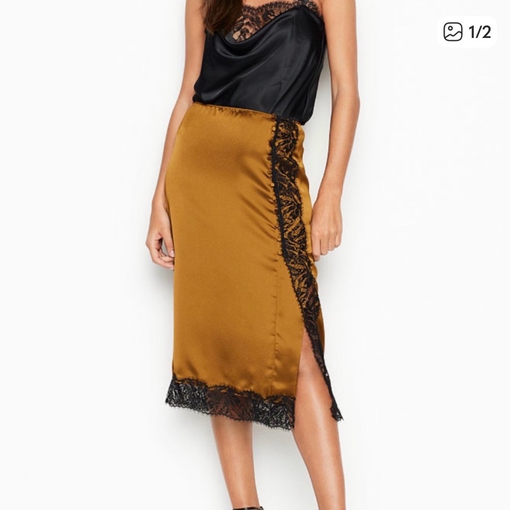 NWT Victoria's Secret Midi Satin Slip Skirt with Black Lace and Buttons Sz XL